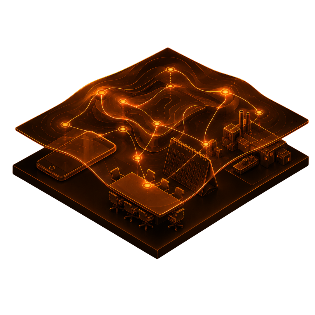 Isometric diagram of the relational field: a glowing layer of connected nodes hovering above meeting rooms, devices and workplaces